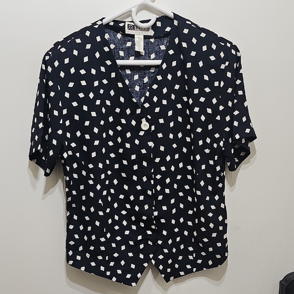 Russ Navy and White Geometric Blouse